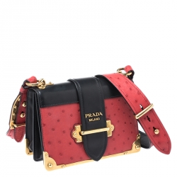 Pre Owned Prada Black/Red Leather and Ostrich Cahier Flap Shoulder Bag