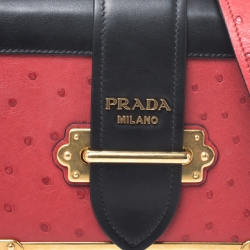 Pre Owned Prada Black/Red Leather and Ostrich Cahier Flap Shoulder Bag