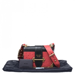 Pre Owned Prada Black/Red Leather and Ostrich Cahier Flap Shoulder Bag