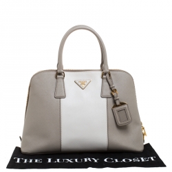 Pre Owned Prada Grey/Off White Saffiano Lux Leather Medium Promenade Tote