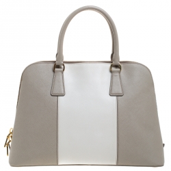 Pre Owned Prada Grey/Off White Saffiano Lux Leather Medium Promenade Tote