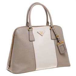 Pre Owned Prada Grey/Off White Saffiano Lux Leather Medium Promenade Tote
