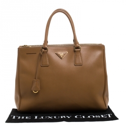 Pre Owned Prada Caramel Saffiano Lux Leather Large Double Zip Tote