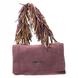 Pre Owned Prada Dark Purple Suede Fringe Flap Bag