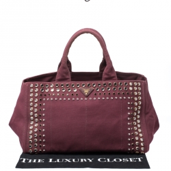 Pre Owned Prada Burgundy Canvas Crystal Studded Tote