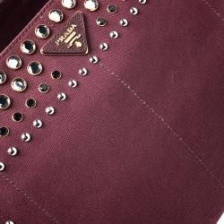 Pre Owned Prada Burgundy Canvas Crystal Studded Tote
