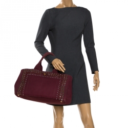 Pre Owned Prada Burgundy Canvas Crystal Studded Tote