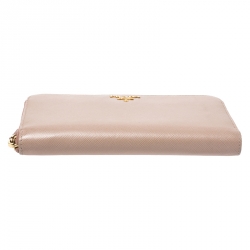 Pre Owned Prada Beige Saffiano Leather Zip Around Wallet
