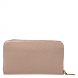Pre Owned Prada Beige Saffiano Leather Zip Around Wallet