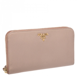 Pre Owned Prada Beige Saffiano Leather Zip Around Wallet