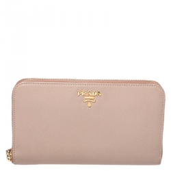 Pre Owned Prada Beige Saffiano Leather Zip Around Wallet