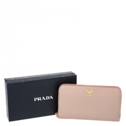 Pre Owned Prada Beige Saffiano Leather Zip Around Wallet