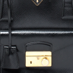 Pre Owned Prada Black Saffiano Patent Leather Medium Front Pocket Double Zip Lux Tote 