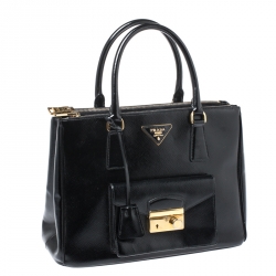 Pre Owned Prada Black Saffiano Patent Leather Medium Front Pocket Double Zip Lux Tote 