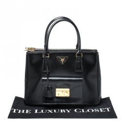 Pre Owned Prada Black Saffiano Patent Leather Medium Front Pocket Double Zip Lux Tote 