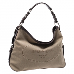 Pre Owned Prada Beige/Brown Canvas and Leather Jacquard Logo Hobo