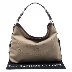 Pre Owned Prada Beige/Brown Canvas and Leather Jacquard Logo Hobo