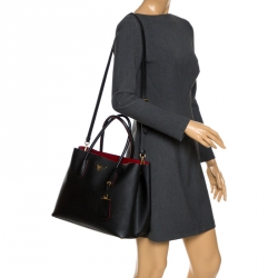 Pre Owned Prada Black Saffiano Cuir Leather Double Handle Tote