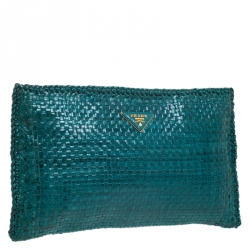 Pre Owned Prada Green Woven Leather Madras Clutch