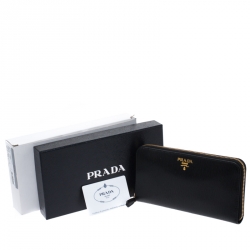 Pre Owned Prada Black Vitello Move Patent Leather Zip Around Wallet
