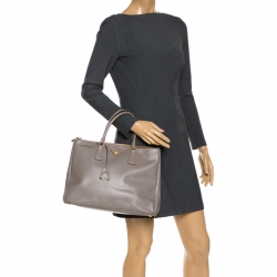 Pre Owned Prada Grey Saffiano Lux Leather Large Galleria Double Zip Tote