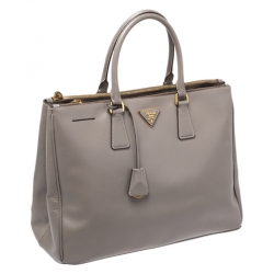 Pre Owned Prada Grey Saffiano Lux Leather Large Galleria Double Zip Tote