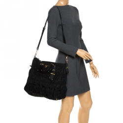 Pre Owned Prada Black Tessuto Gaufre Nylon and Leather Tote 