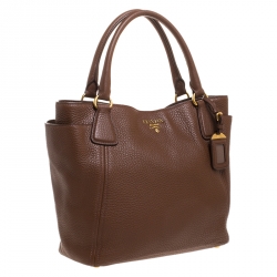 Pre Owned Prada Brown Vitello Daino Leather Side Pocket Tote
