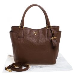 Pre Owned Prada Brown Vitello Daino Leather Side Pocket Tote