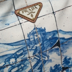 Pre Owned Prada Off White/Blue Printed Canvas Large Canapa Tote