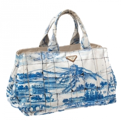 Pre Owned Prada Off White/Blue Printed Canvas Large Canapa Tote