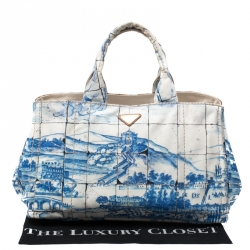 Pre Owned Prada Off White/Blue Printed Canvas Large Canapa Tote