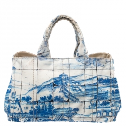 Pre Owned Prada Off White/Blue Printed Canvas Large Canapa Tote