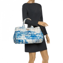 Pre Owned Prada Off White/Blue Printed Canvas Large Canapa Tote