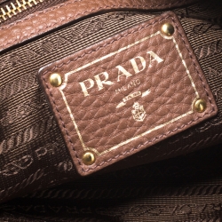 Pre Owned Prada Dark Brown Vitello Daino Leather Side Zip Tote