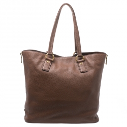 Pre Owned Prada Dark Brown Vitello Daino Leather Side Zip Tote