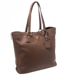 Pre Owned Prada Dark Brown Vitello Daino Leather Side Zip Tote