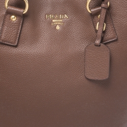 Pre Owned Prada Dark Brown Vitello Daino Leather Side Zip Tote