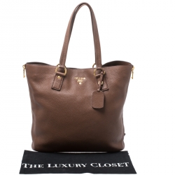 Pre Owned Prada Dark Brown Vitello Daino Leather Side Zip Tote