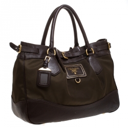 Pre Owned Prada Brown/Green Nylon and Leather Buckle Tote