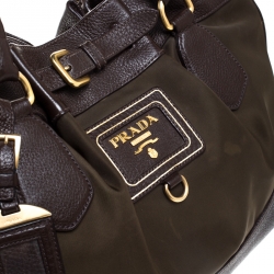 Pre Owned Prada Brown/Green Nylon and Leather Buckle Tote