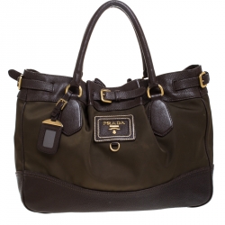 Pre Owned Prada Brown/Green Nylon and Leather Buckle Tote