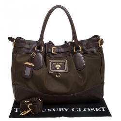 Pre Owned Prada Brown/Green Nylon and Leather Buckle Tote