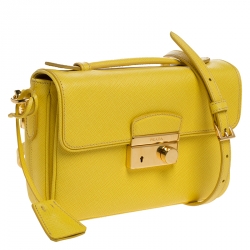 Pre Owned Prada Yellow Saffiano Leather Mini Sound Top Handle Bag