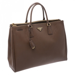 Pre Owned Prada Brown Saffiano Lux Leather Executive Double Zip Tote