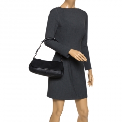 Pre Owned Prada Black Pebbled Leather Small Baguette Bag