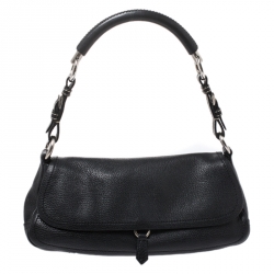 Pre Owned Prada Black Pebbled Leather Small Baguette Bag