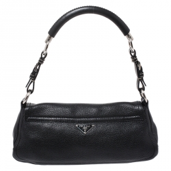 Pre Owned Prada Black Pebbled Leather Small Baguette Bag