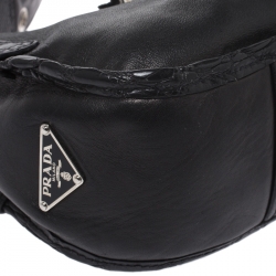 Pre Owned Prada Black Leather with Exotic Embossed Trim Small Shoulder Bag