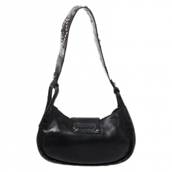 Pre Owned Prada Black Leather with Exotic Embossed Trim Small Shoulder Bag